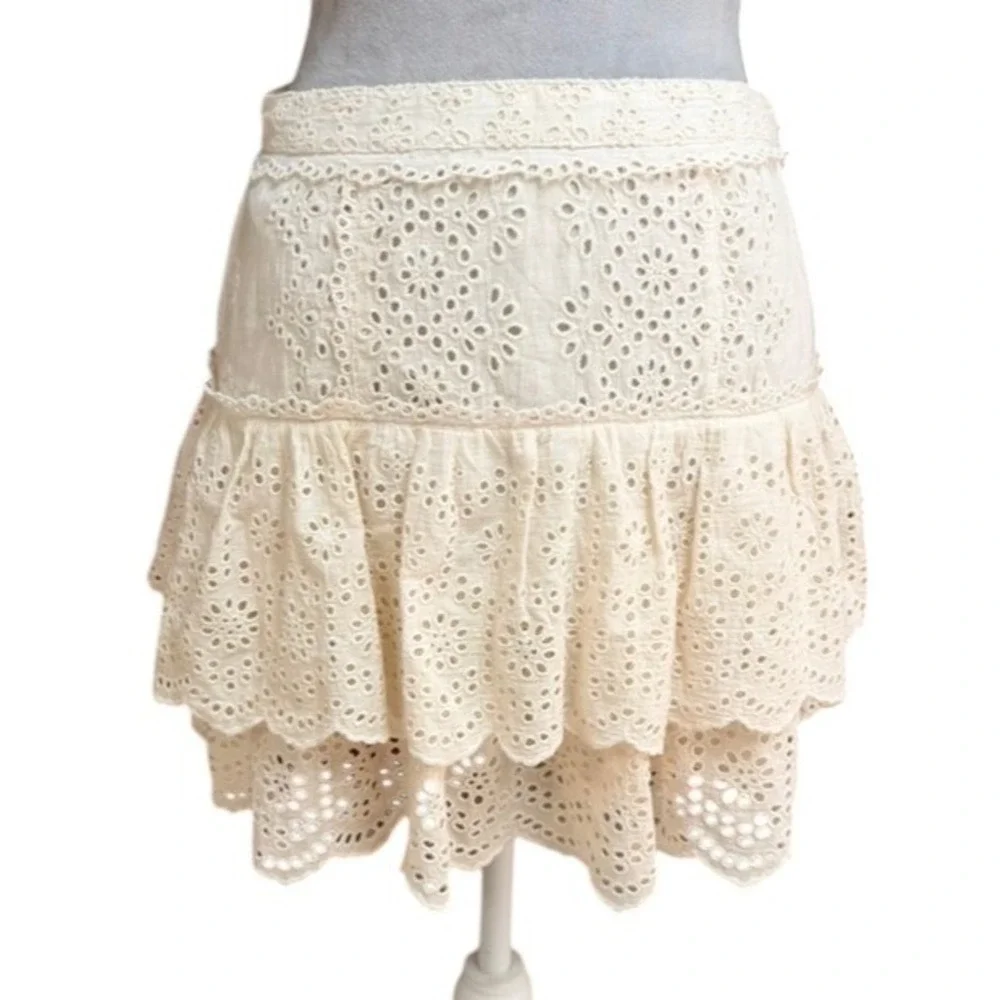 LoveShackFancy‎ Skirt Women S Cream Eyelet Ruffle Mini Boho Coquette Cottagecore